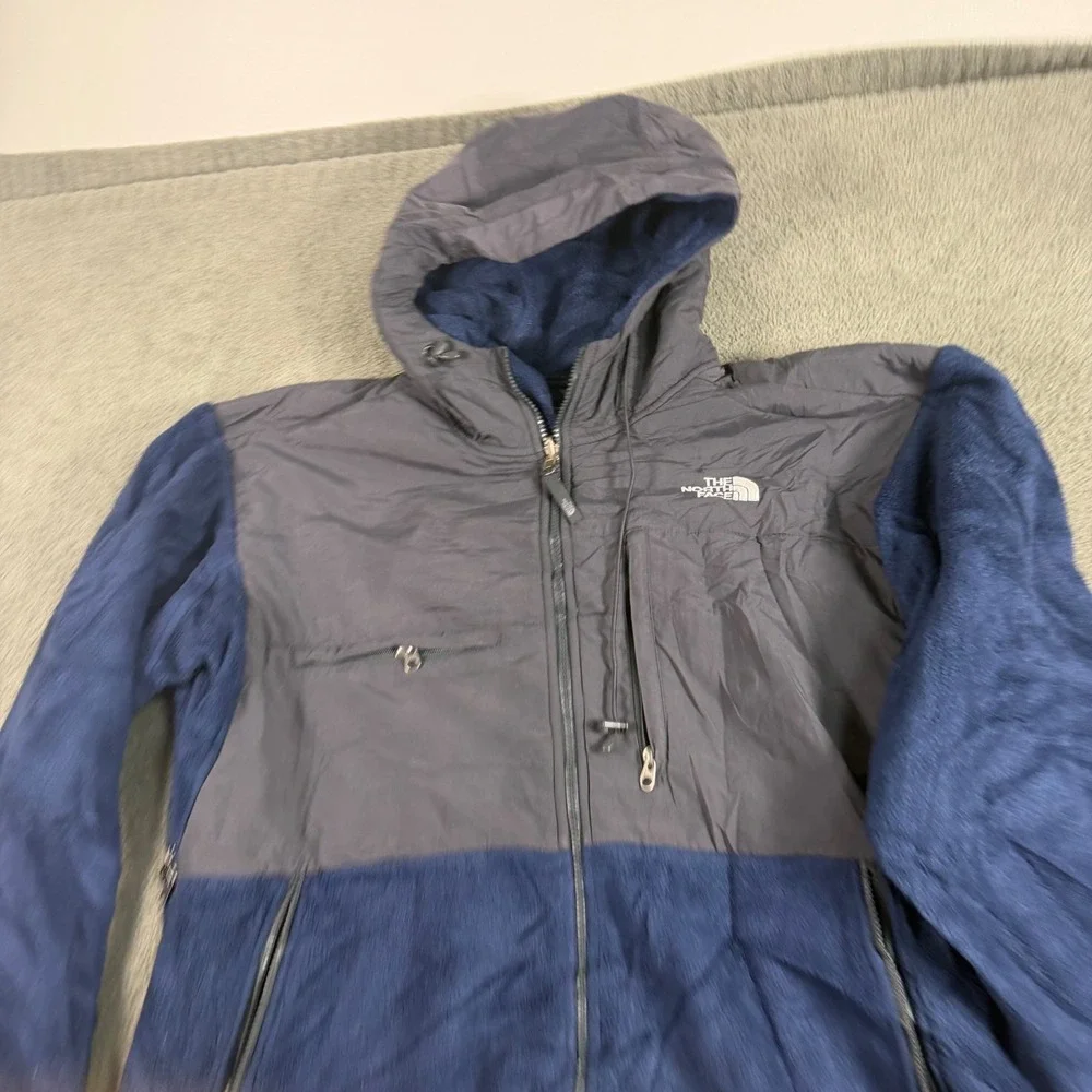 The North Face Denali Hooded Fleece Jacket Navy Blue Grey Mens Large Full Zip